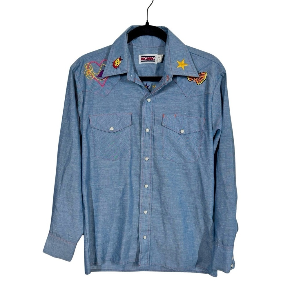 Vintage 70s BIG MAC Embroidered Rooster Chambray Western Shirt Pearl Snap - Picture 2 of 7